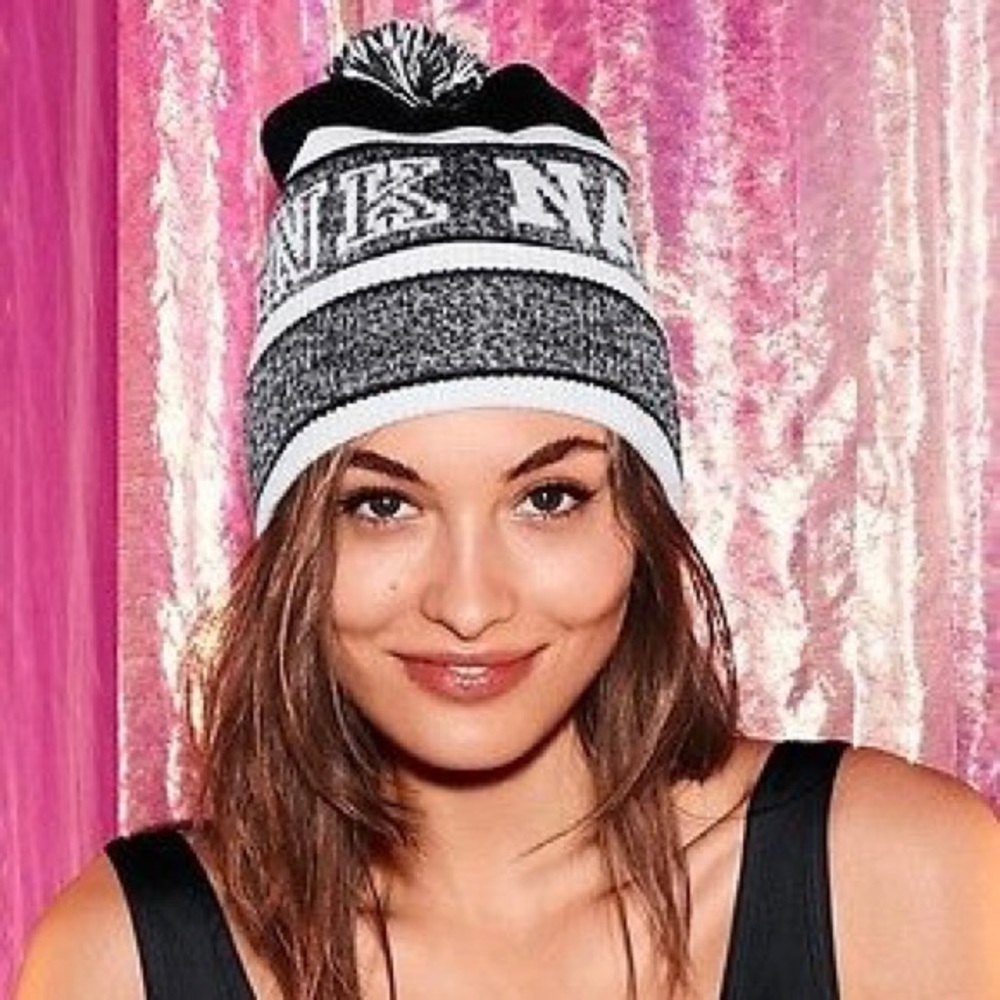 Y2K Victoria’s Secret PINK Nation PomPom Winter Hat Beanie.